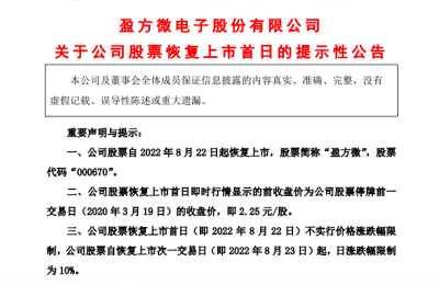 6.7万股东无眠！“最便宜芯片股”今日恢复上市 首日不设涨跌幅限制