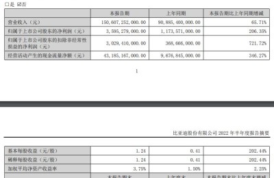 比亚迪：上半年净利润35.95亿 同比增206.35%