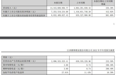 赣锋锂业：上半年净利润72.54亿元 同比增412%