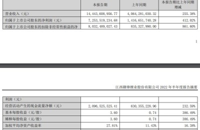 赣锋锂业：上半年净利润72.54亿元 同比增412%