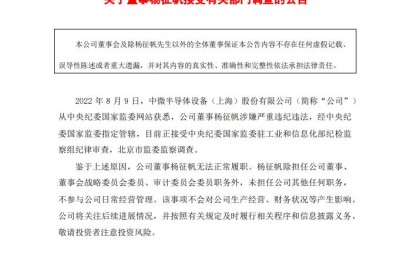 中微公司：董事杨征帆接受有关部门调查 无法正常履职