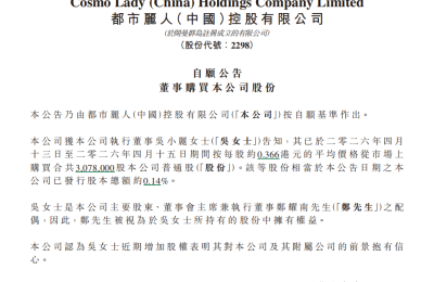 都市丽人（02298）执行董事吴小丽增持307.8万股，彰显长期发展信心
